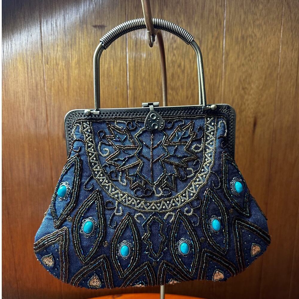 Beaded Denim Bag w/Faux Turquoise - Metal Handle and Chain